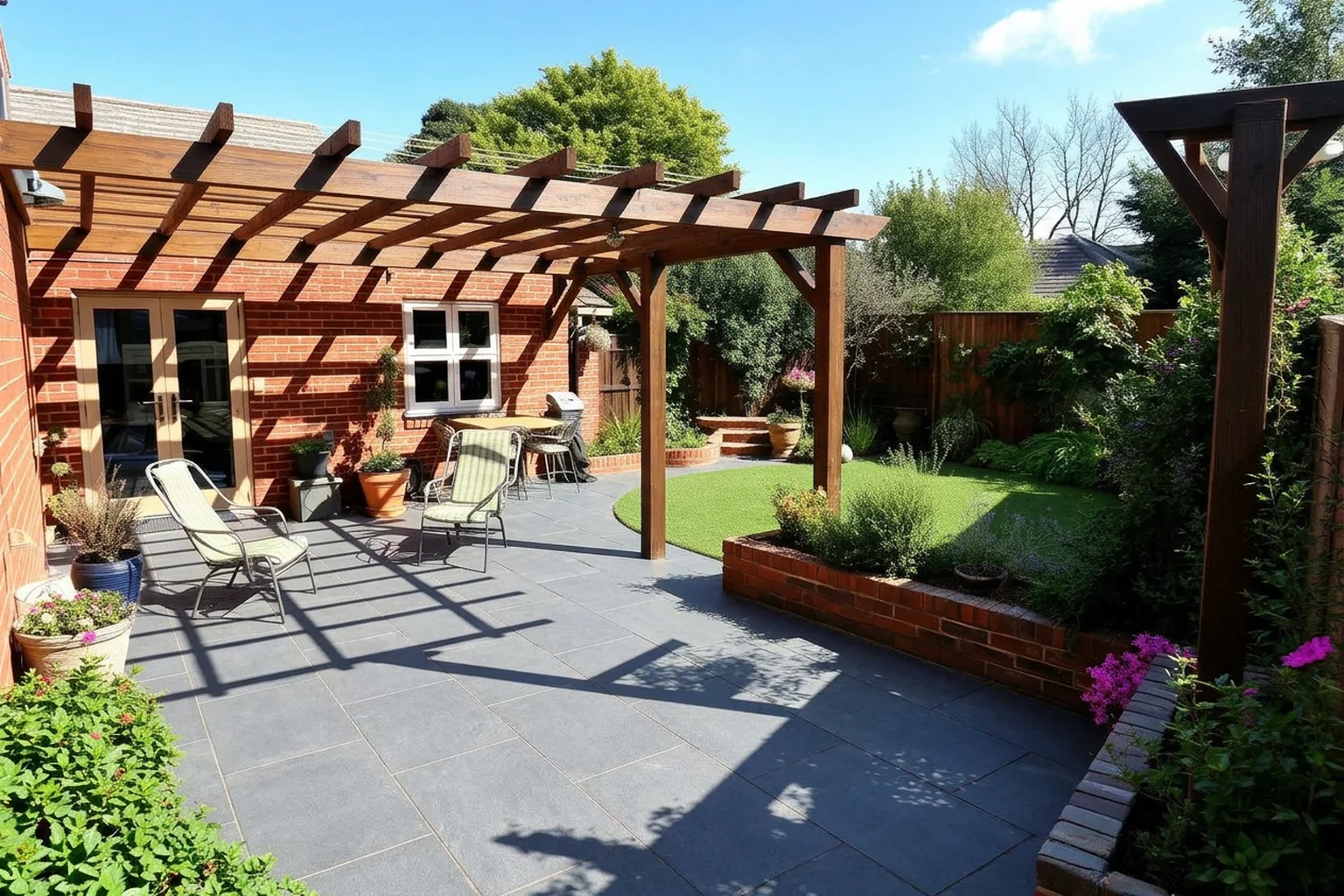 Patio transformed with charcoal porcelain paving after AI Landscape Renovation