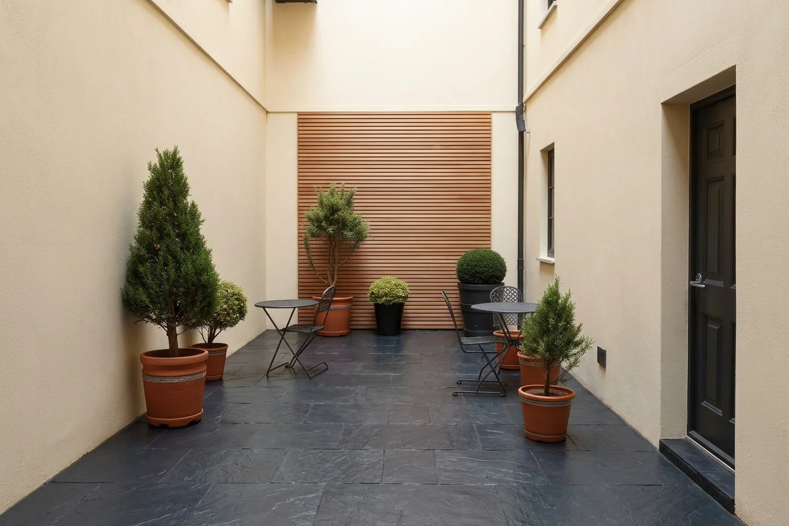 City courtyard with coordinated contemporary paving and landscape finishes after AI Landscape Renovation