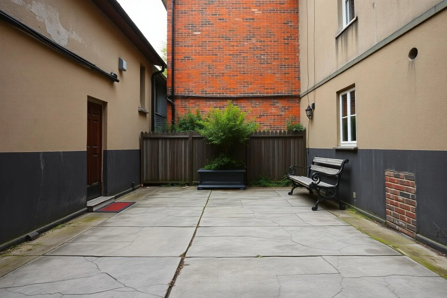 Neglected urban courtyard with cracked concrete before landscape renovation