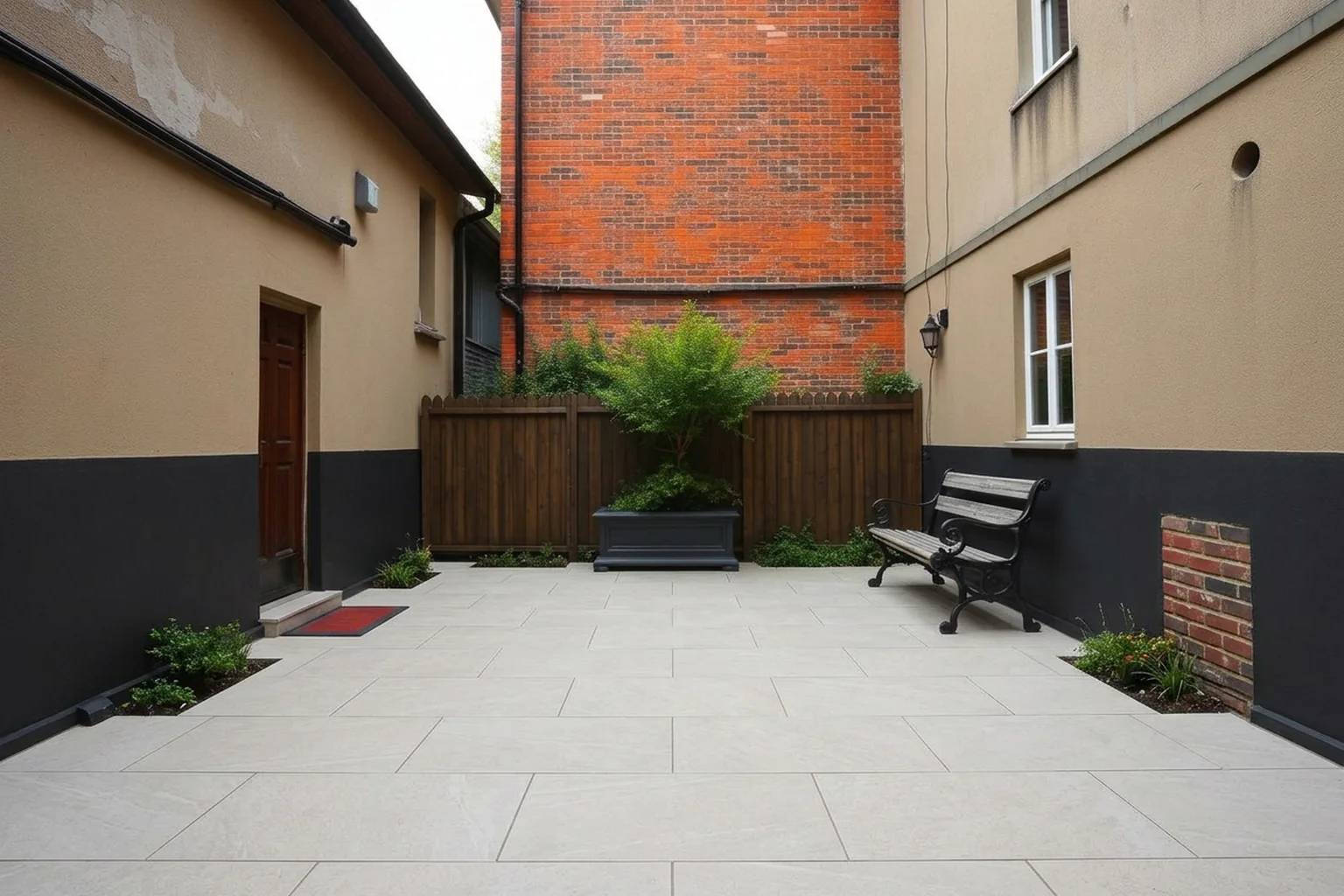 Same courtyard with light porcelain paving visualised by AI