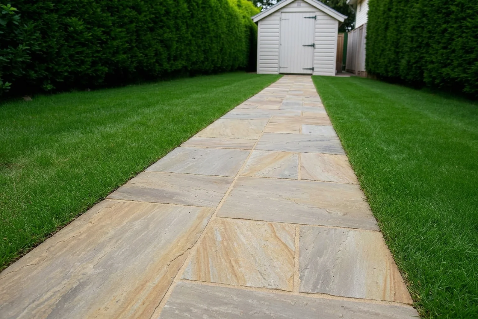 Garden path renewed with limestone-effect paving and refined borders after AI Landscape Renovation