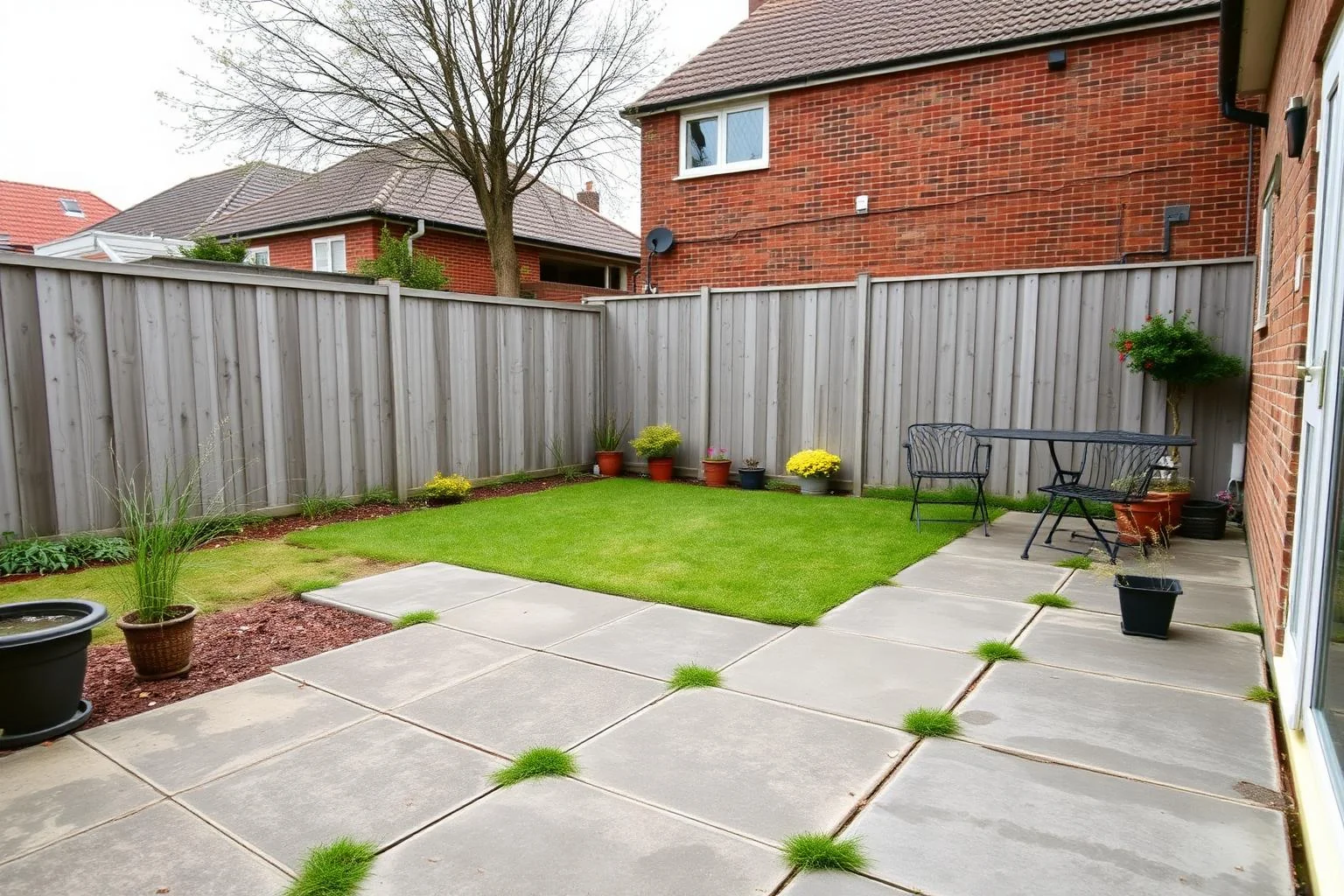 Plain suburban back garden with worn lawn and basic paving before AI Landscape Renovation