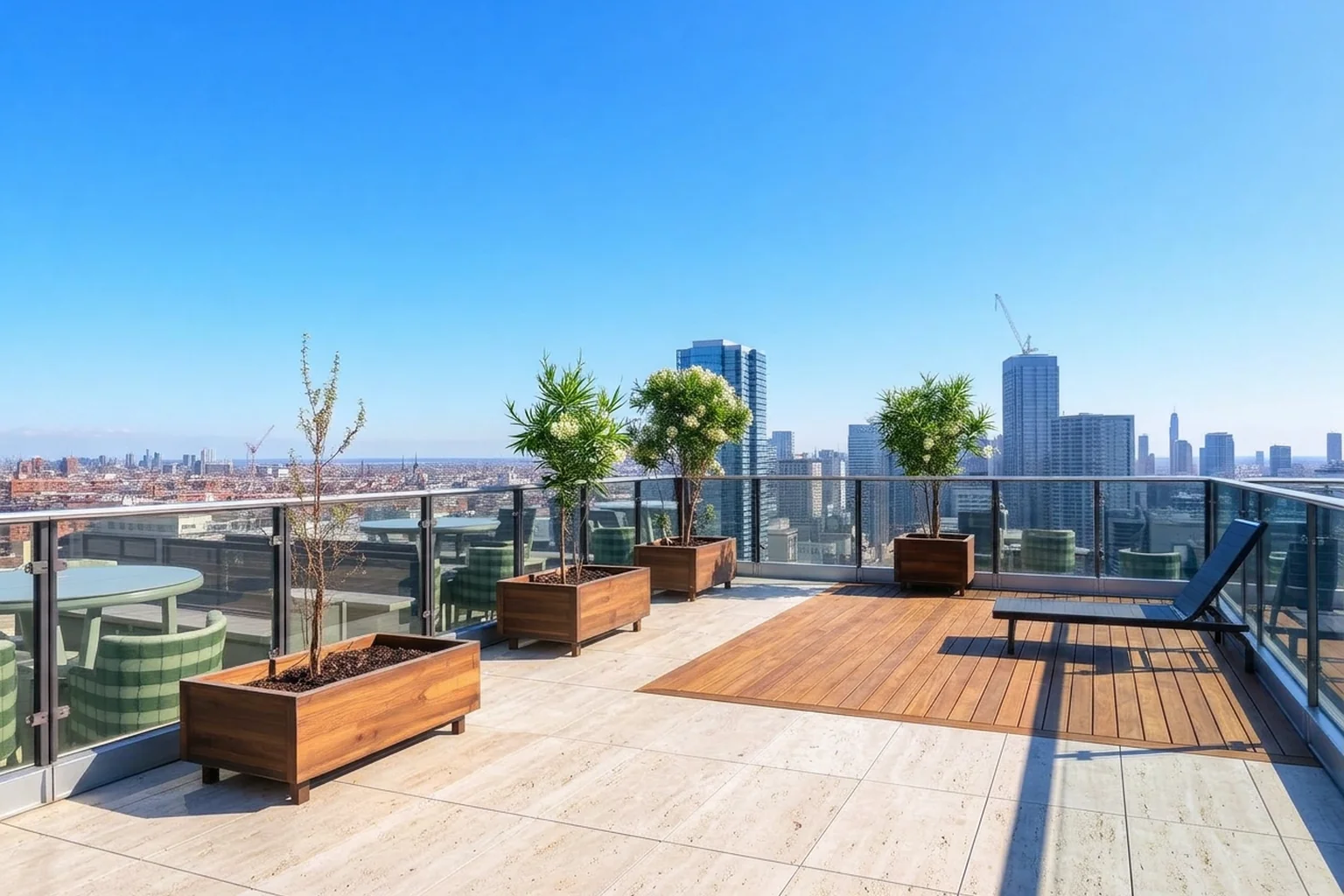 Rooftop terrace renewed with porcelain surfaces and structured planting after AI Landscape Renovation