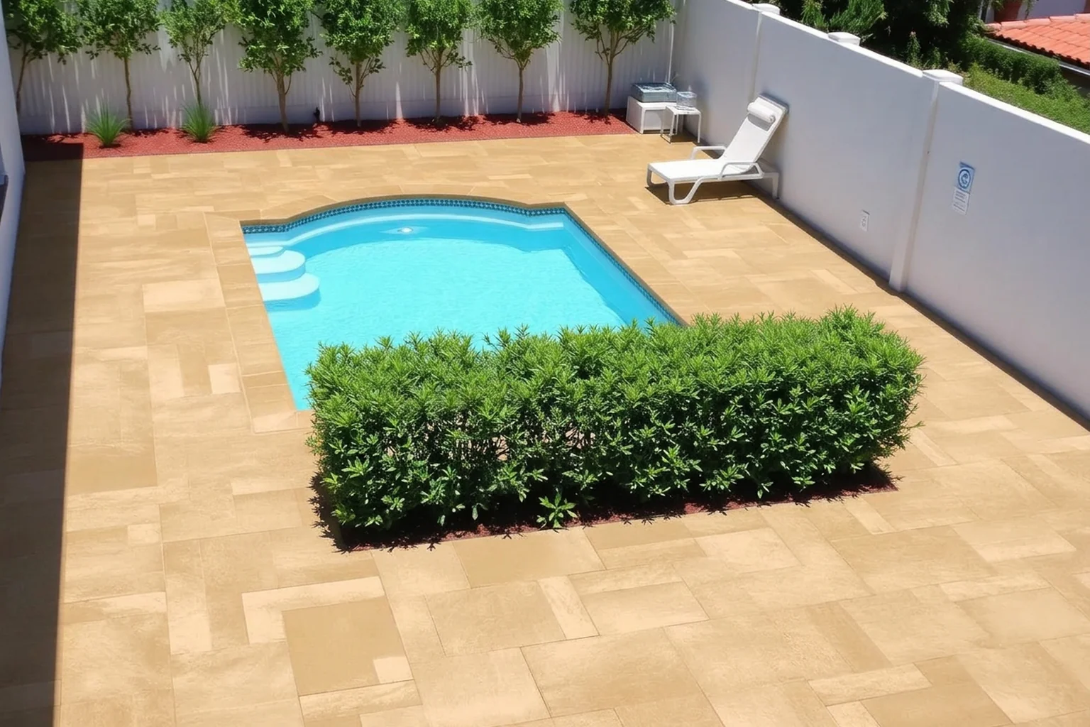 Pool surround renewed with warm sandstone-effect coping after AI Landscape Renovation