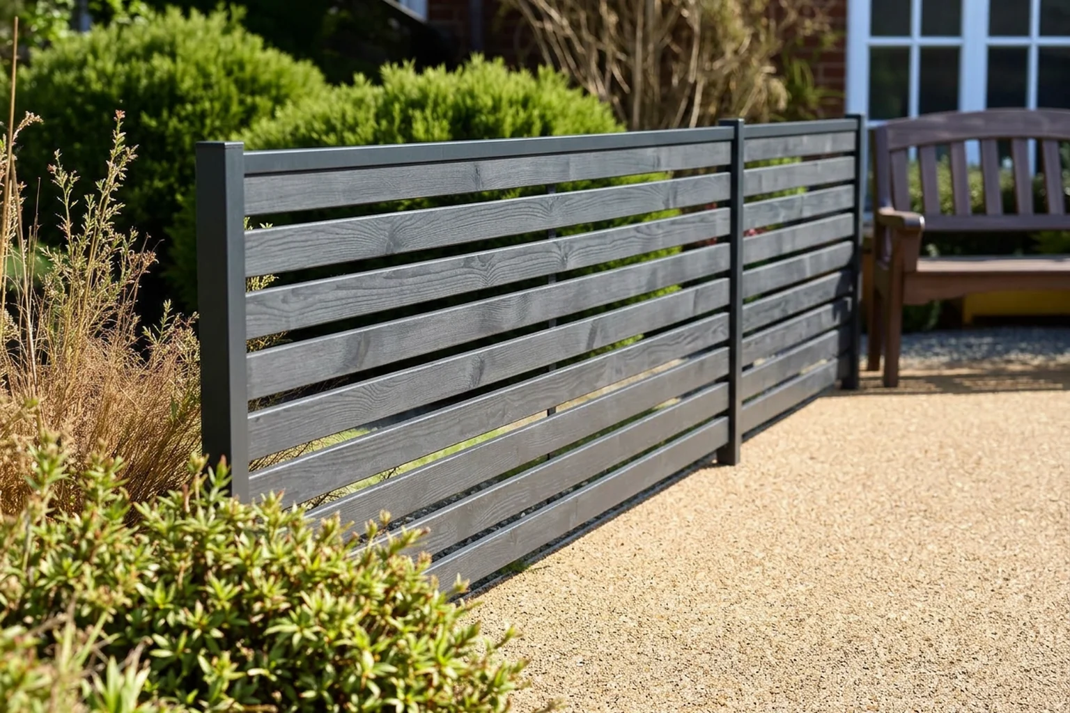 Side garden renewed with charcoal slatted fencing and coordinated surfaces after AI Landscape Renovation