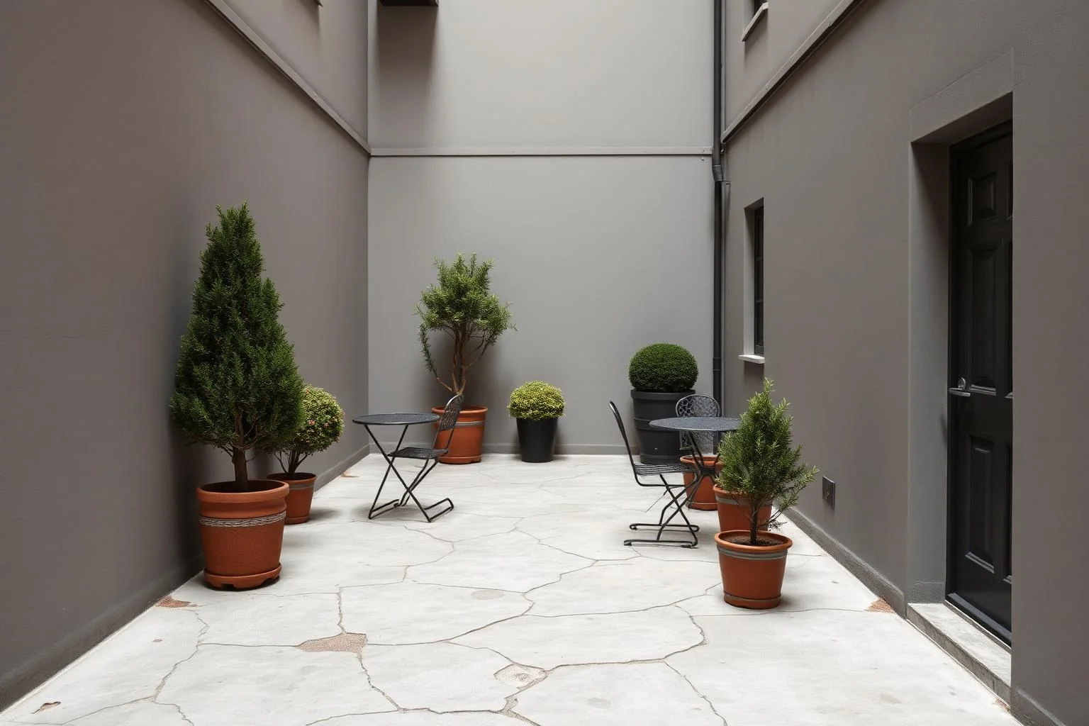 Tired city courtyard with dated hard landscaping before AI Landscape Renovation