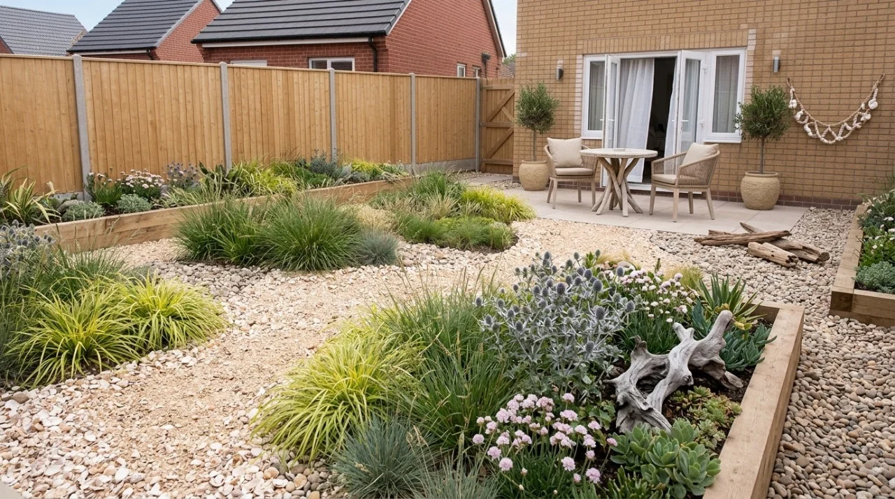 Landscaped coastal-style backyard featuring gravel pathways, raised wooden planter beds with ornamental grasses, potted trees, driftwood accents, and a patio seating set with two chairs.