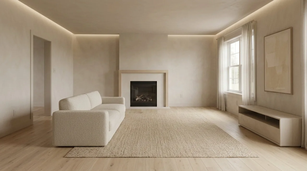 Minimalist warm beige living room featuring an off-white sofa, a woven jute rug, a modern built-in fireplace, and a light wood media console.