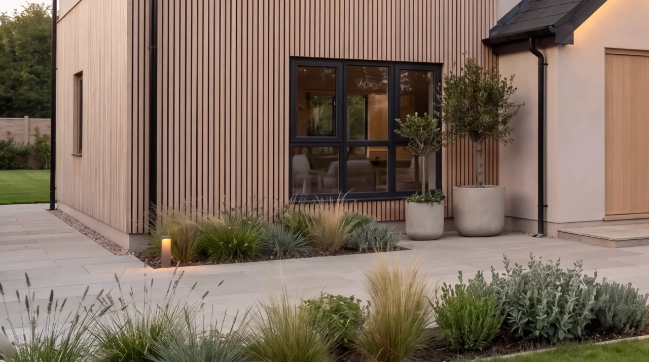 Modern home exterior featuring vertical timber slat cladding, large round concrete planters with small trees, grey stone paving, and landscaped garden beds with ornamental grasses.