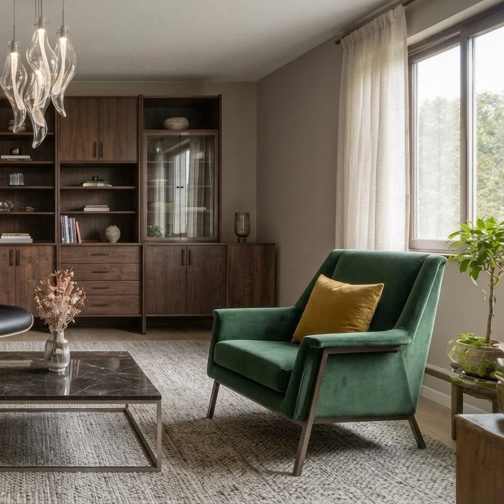 Modern living room featuring a mid-century green velvet armchair with a yellow accent pillow, dark wood wall cabinetry, a marble coffee table, and a modern glass chandelier.
