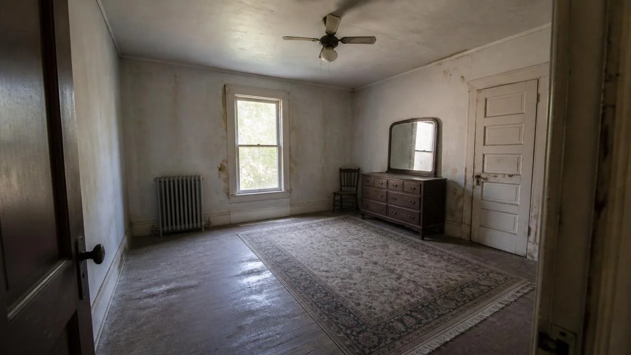 Neglected bedroom before renovation featuring stained walls, worn wooden flooring, a dark vintage dresser with a mirror, and an old rug.