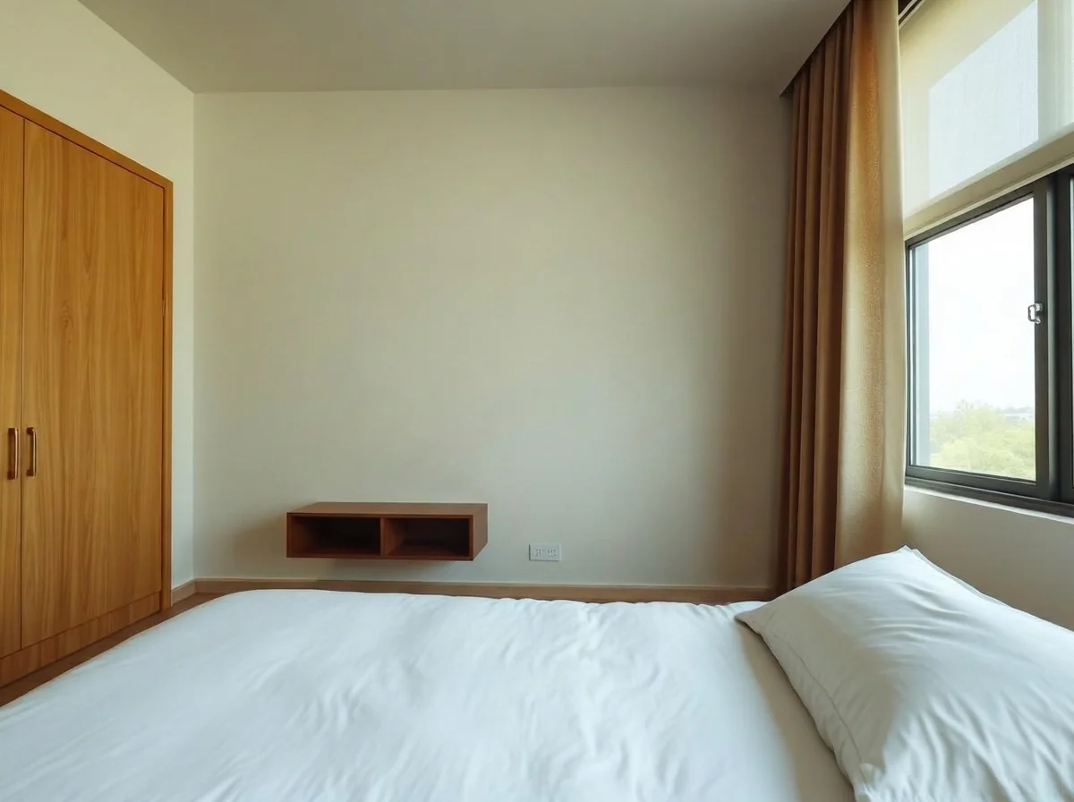 Bedroom with a clean bare wall after AI Object Remover