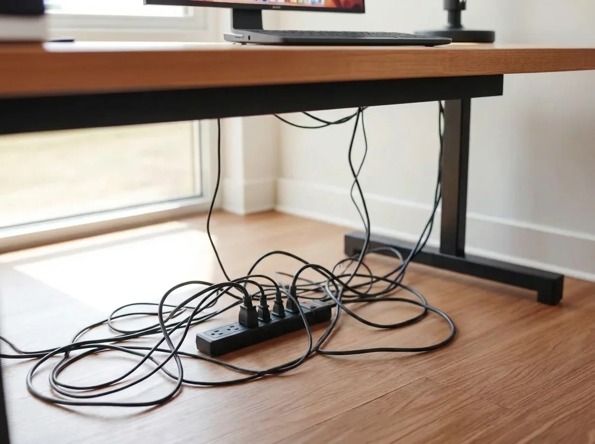 Home office with tangled power cables on the floor before AI Object Remover