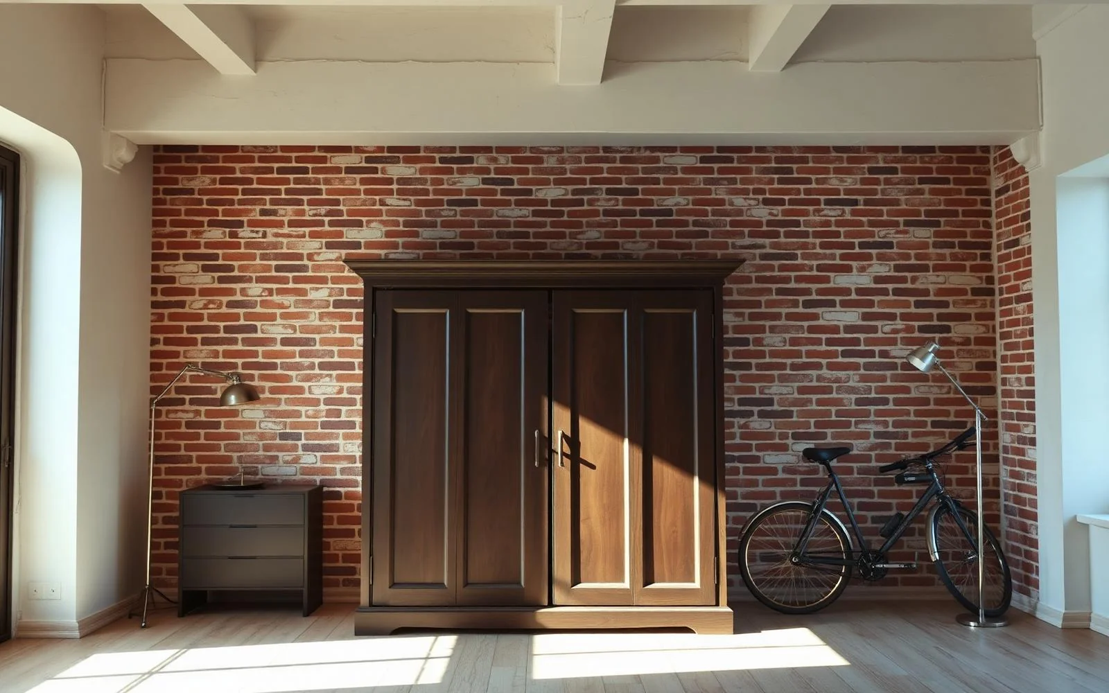 Loft room with a large wardrobe, a bicycle and two floor lamps before AI Object Remover