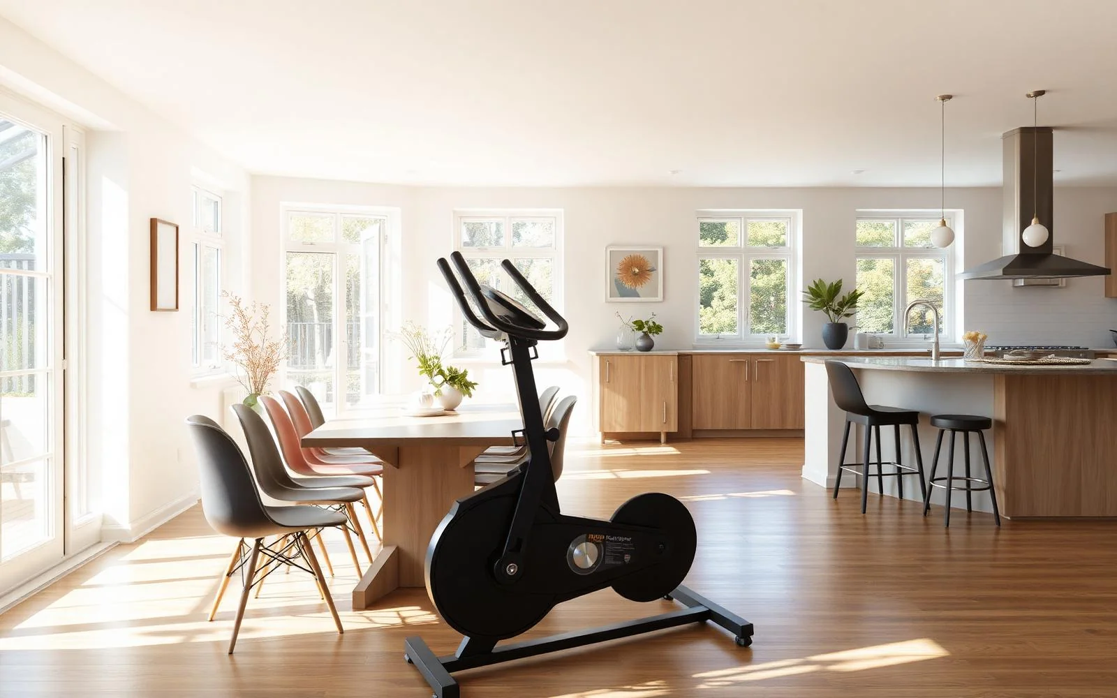 Open-plan dining room with a bulky exercise bike beside the table before AI Object Remover