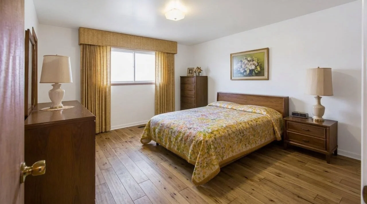 Outdated vintage bedroom with white walls, light wood flooring, retro wooden furniture, a floral patterned bedspread, and yellow curtains.