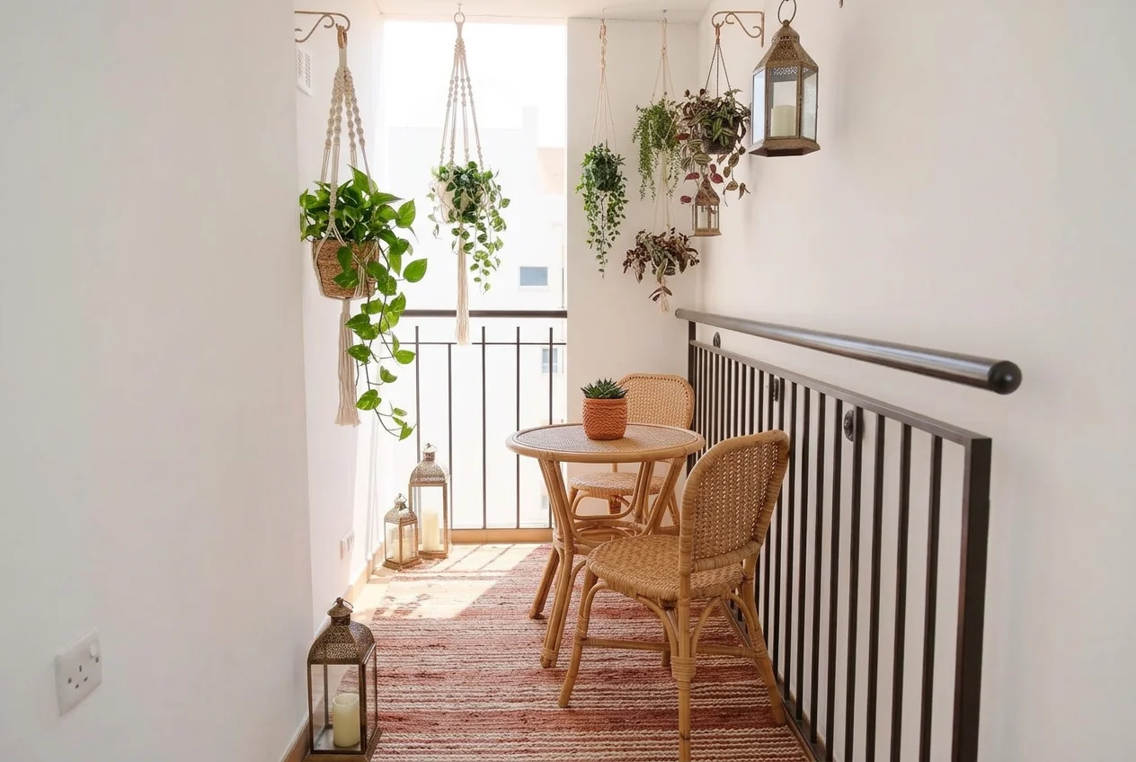 Apartment balcony styled as a boho retreat with a rattan chair, rug and plants after AI Outdoor Redesign