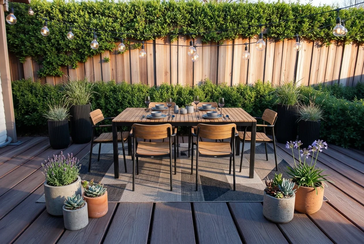 Wooden deck restyled with a contemporary dining table, bench and pendant lighting after AI Outdoor Redesign