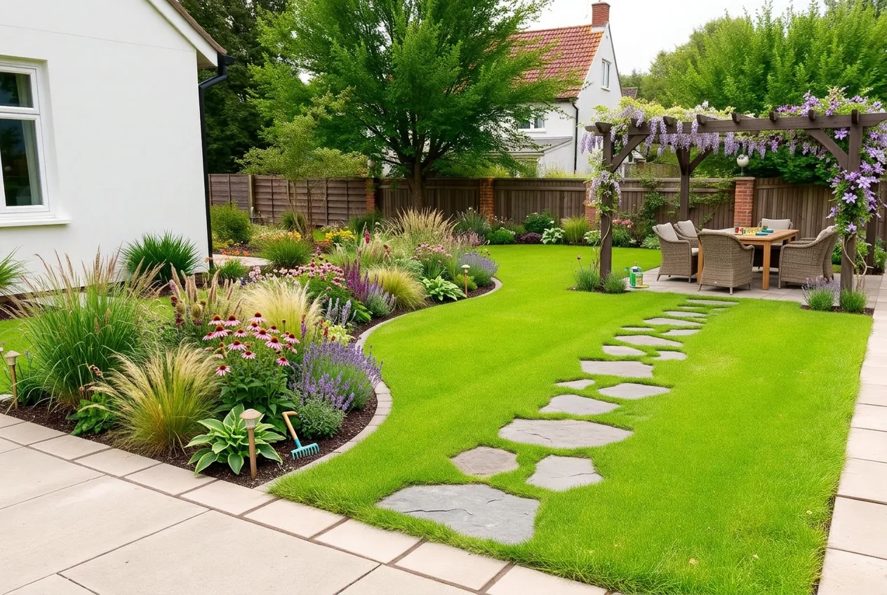 Family garden with dining seating, borders and lighting after AI Outdoor Redesign