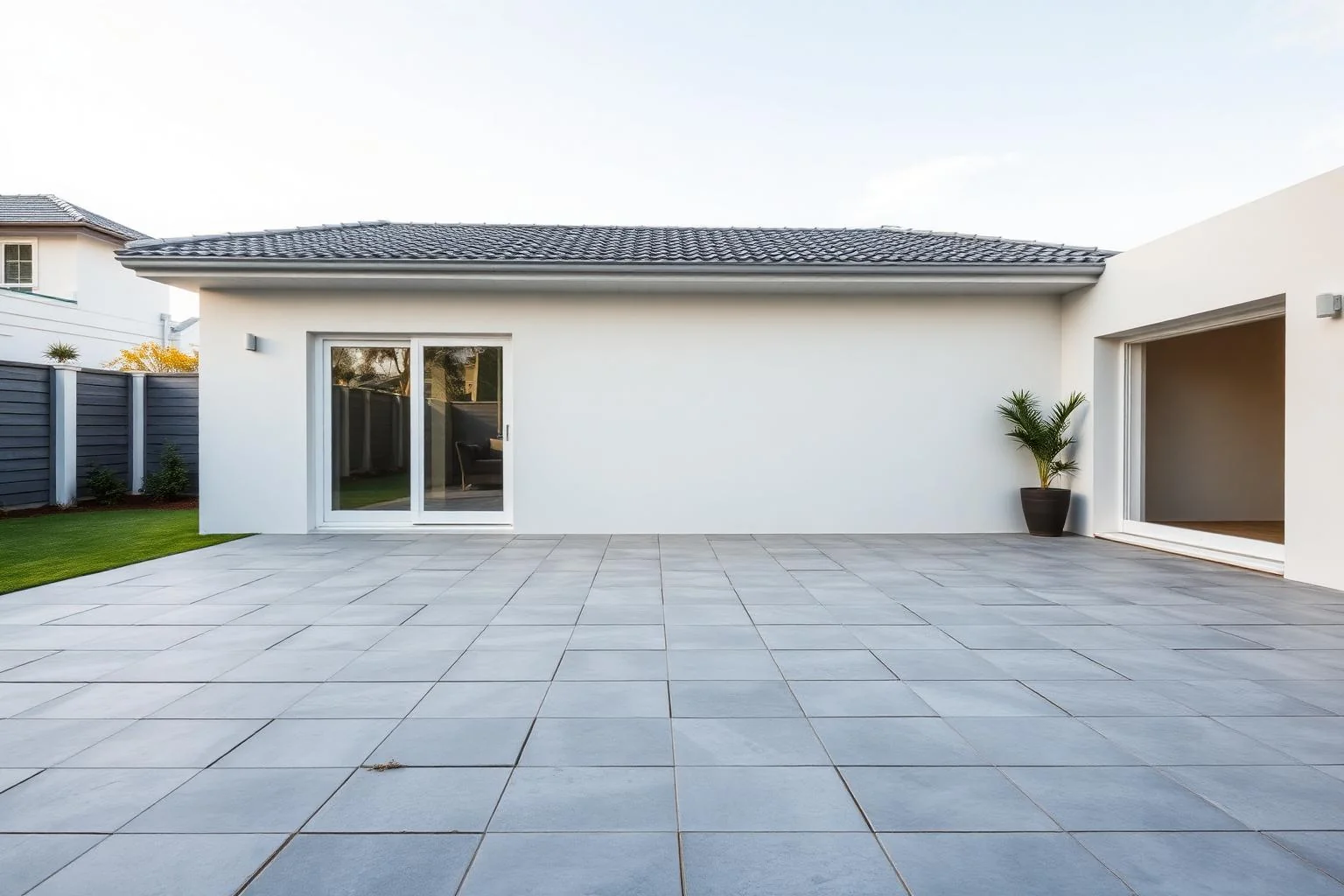 Empty garden terrace with plain paving before AI Outdoor Redesign