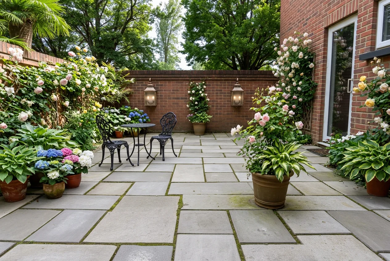 Courtyard garden restyled in English style with roses, a bistro set and climbers after AI Outdoor Redesign