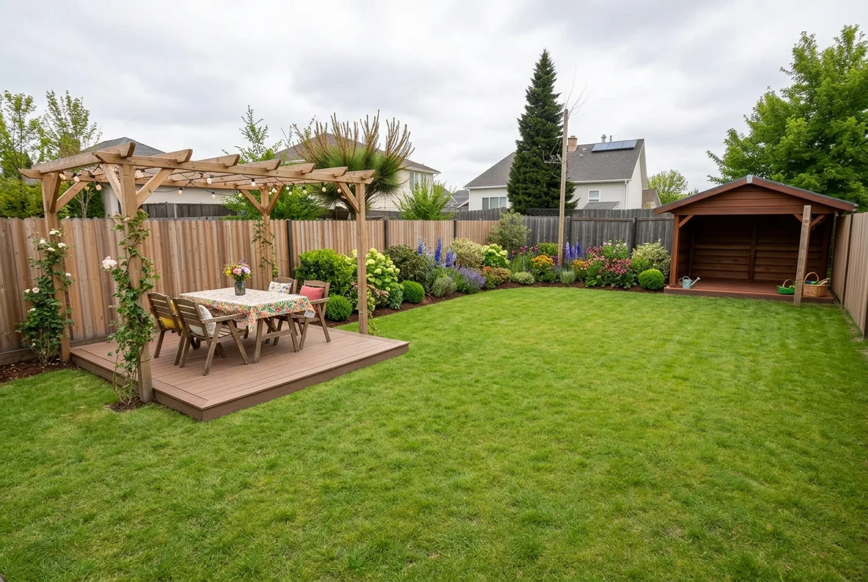 Suburban backyard restyled with a dining set, borders and lawn after AI Outdoor Redesign