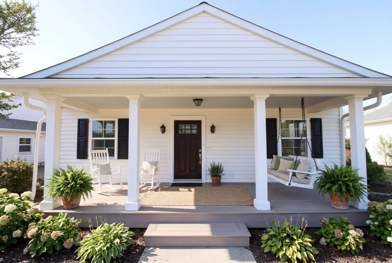 Front porch restyled in farmhouse style with rocking chairs and lanterns after AI Outdoor Redesign