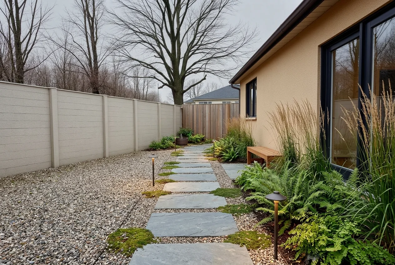 Side yard restyled as a green garden walk with stepping stones and ferns after AI Outdoor Redesign