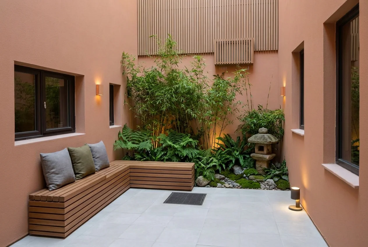 Walled courtyard restyled in Japandi style with gravel, bamboo and a low bench after AI Outdoor Redesign