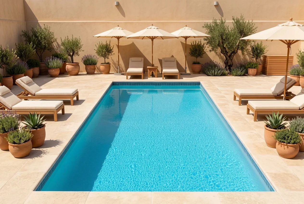 Pool deck restyled in Mediterranean style with loungers, parasols and olive trees after AI Outdoor Redesign