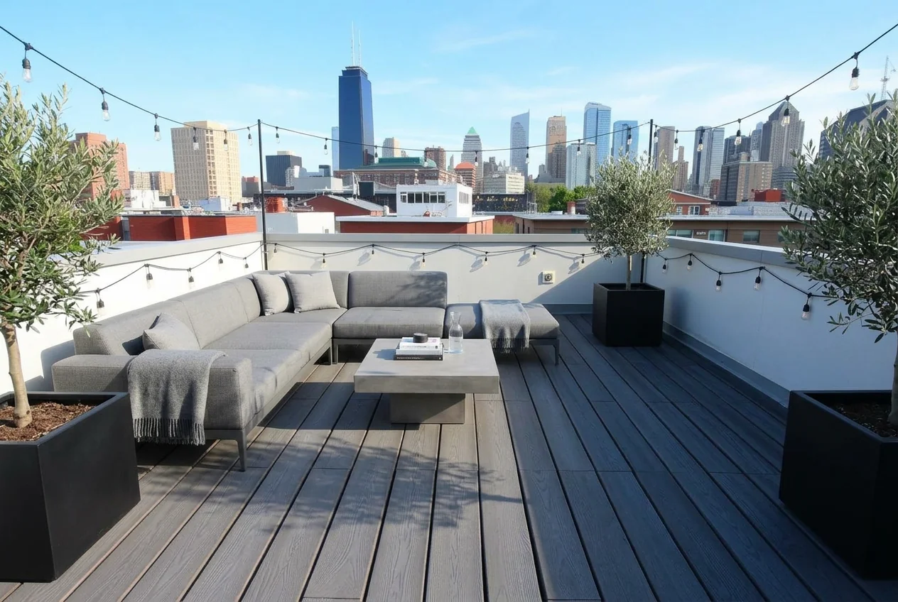 Rooftop terrace restyled with timber decking, low seating and lighting after AI Outdoor Redesign
