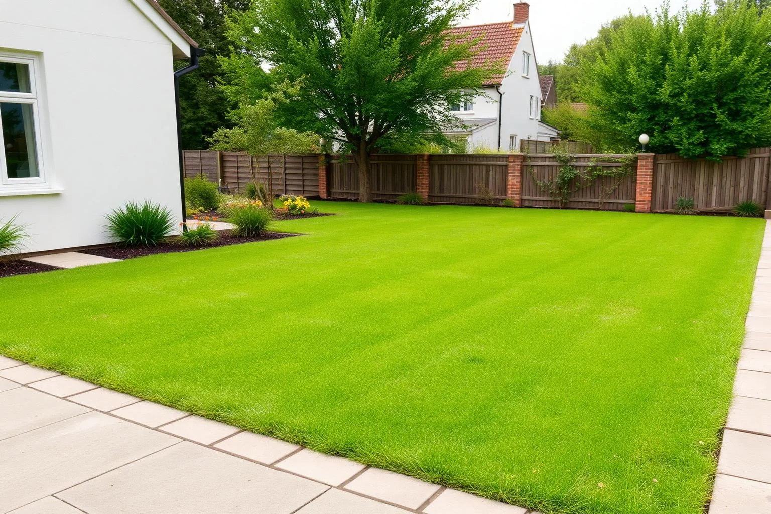 Plain lawn garden with no seating or planting before AI Outdoor Redesign