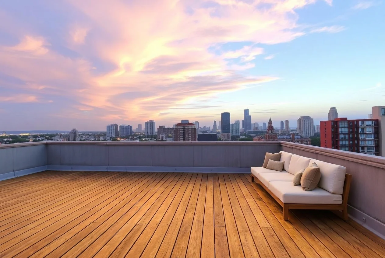 Rooftop terrace with timber decking and a sofa added by AI Outdoor Redesign