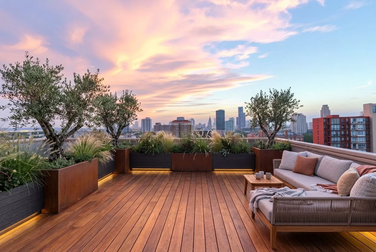 Rooftop terrace with cushions and large planters of greenery after AI Outdoor Redesign