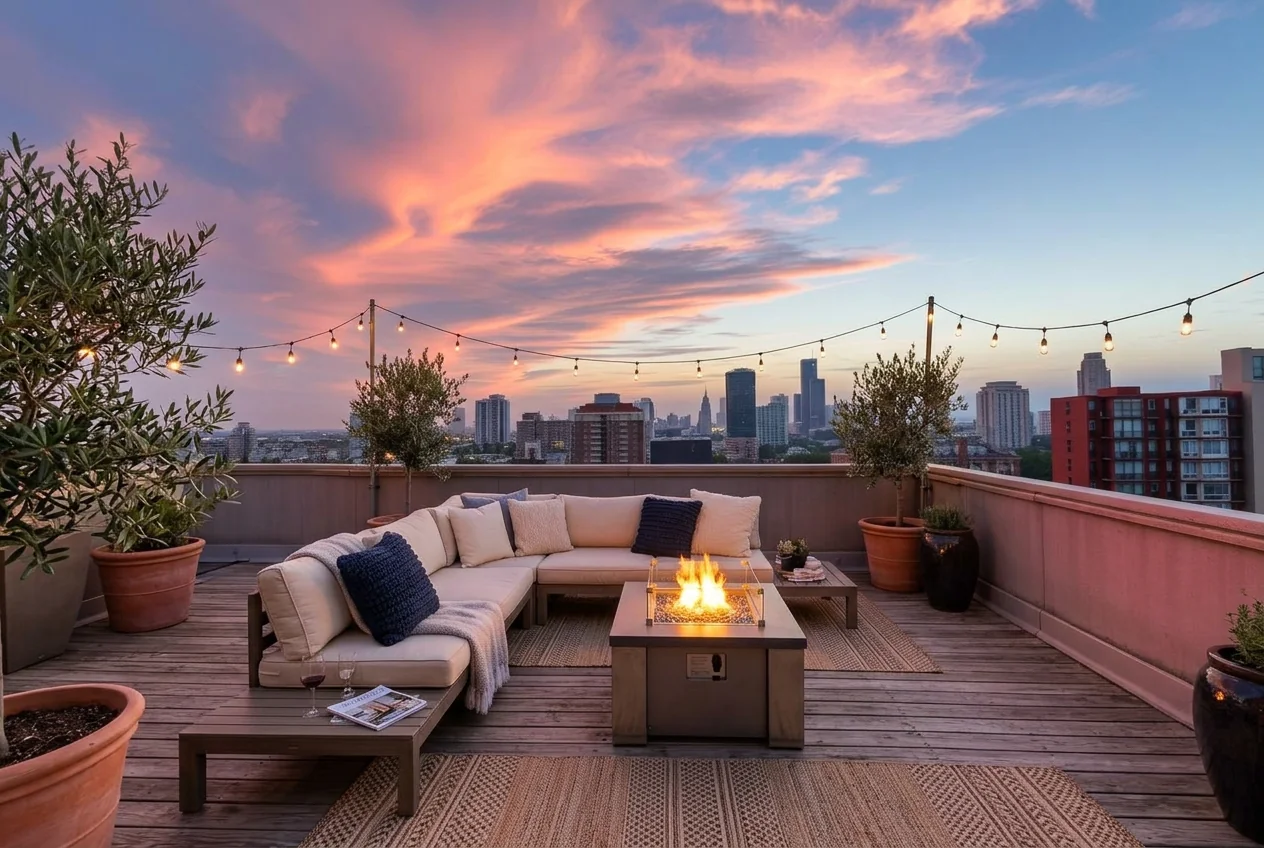 Rooftop terrace at dusk with festoon lights and a fire table after AI Outdoor Redesign