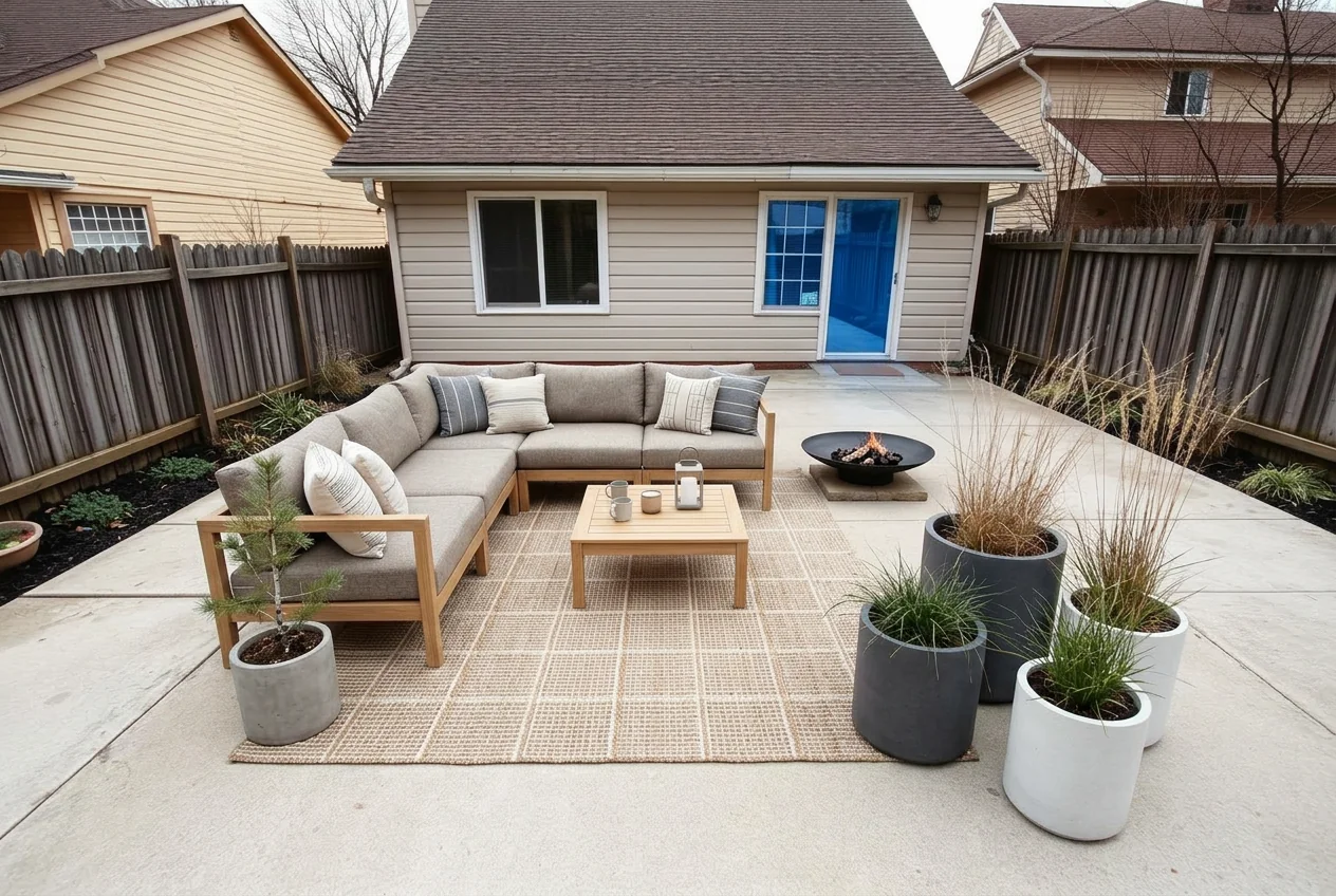 Concrete patio restyled as a Scandinavian lounge with a pale sofa and planters after AI Outdoor Redesign