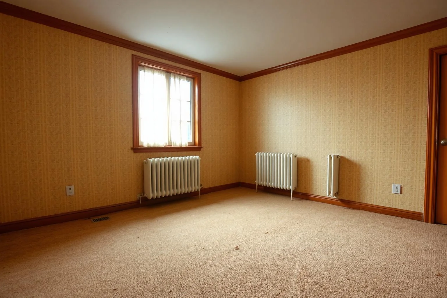 Dated 1990s living room with beige carpet and old wallpaper before AI Room Renovation