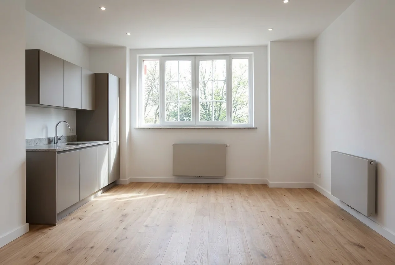 Apartment room with new oak floor and freshly painted walls after AI Room Renovation
