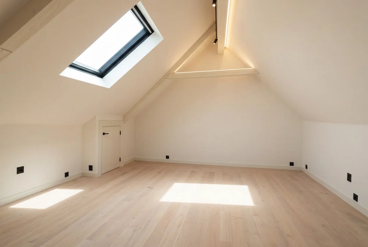 Attic loft with pale oak floor and freshly plastered walls after AI Room Renovation