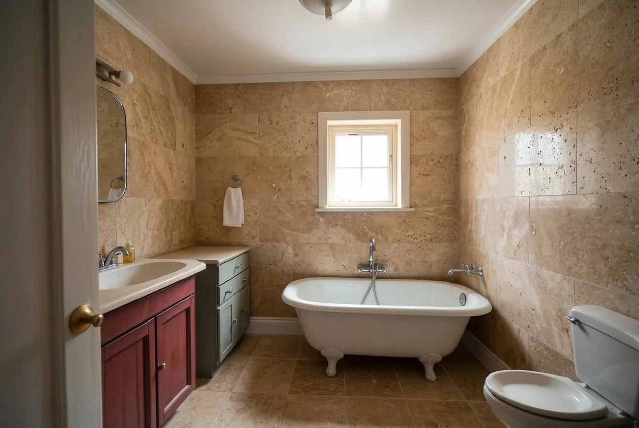 Bathroom with new travertine wall tiles and stone-effect floor after AI Room Renovation