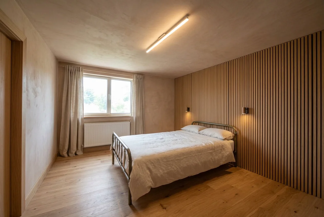 Bedroom with fresh plaster walls and new oak floor after AI Room Renovation