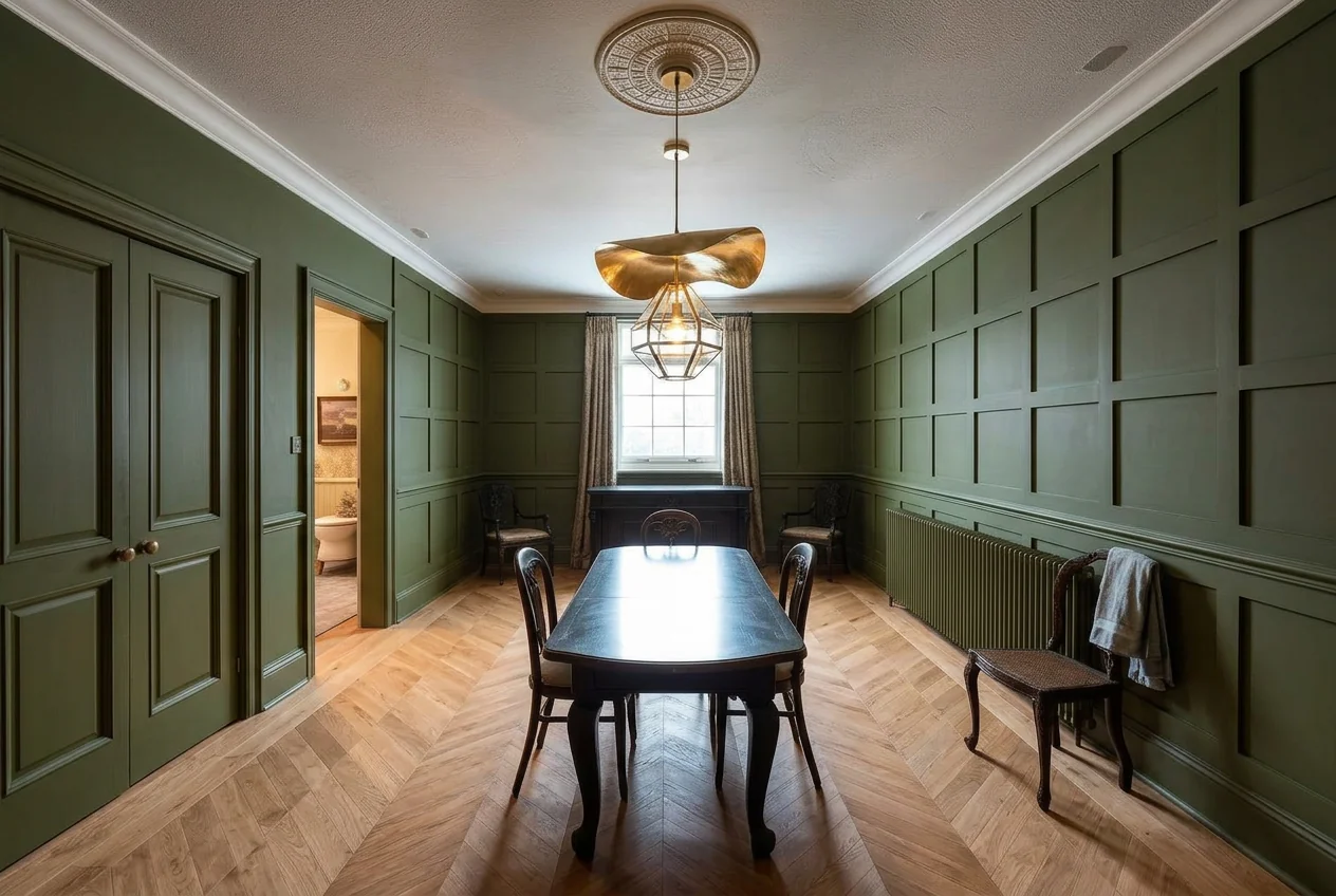 Dining room with olive painted walls and new chevron oak floor after AI Room Renovation