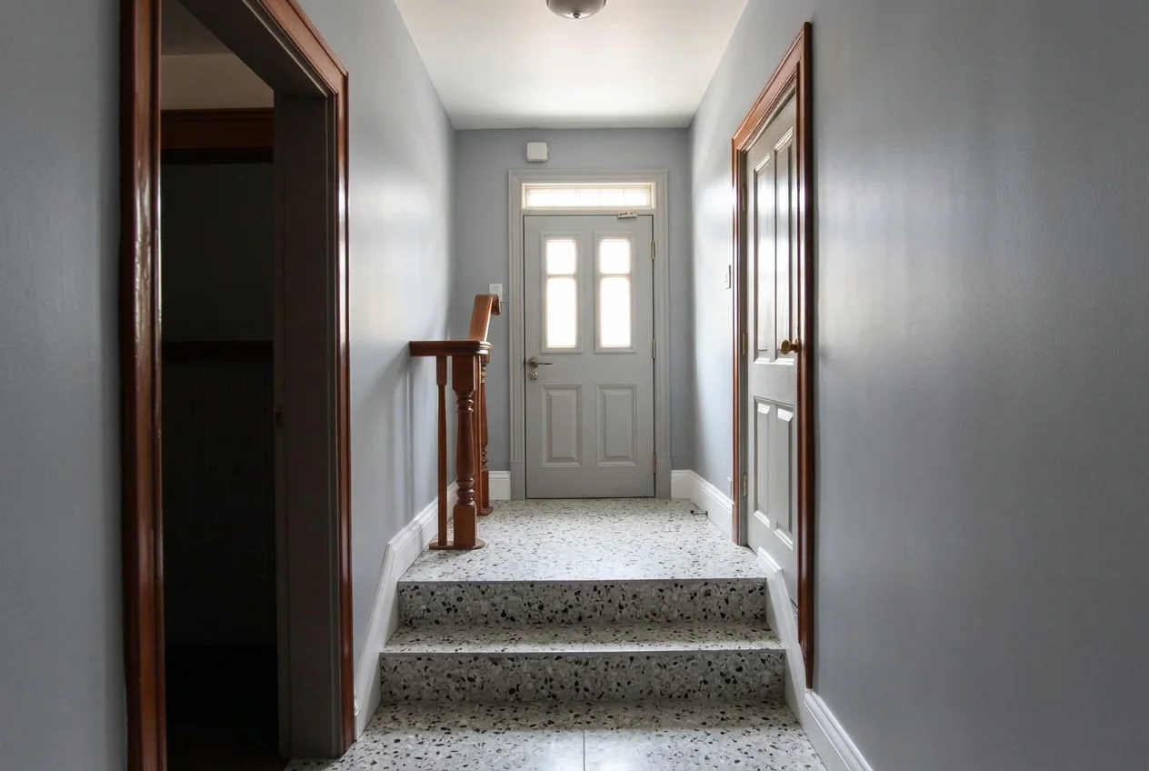 Hallway with new terrazzo floor and soft grey painted walls after AI Room Renovation