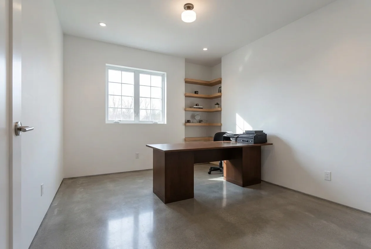 Home office with polished concrete floor and smooth white walls after AI Room Renovation