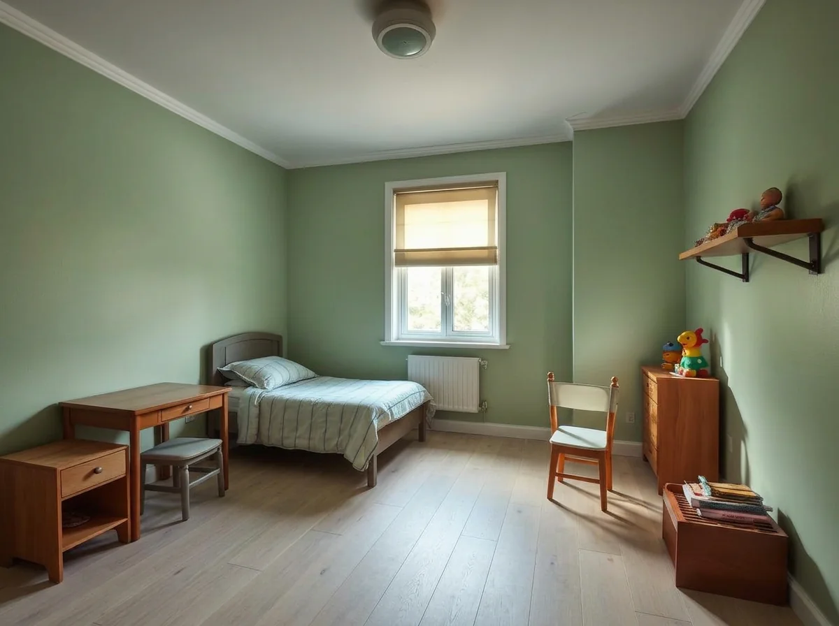 Kids bedroom with sage green walls and pale oak floor after AI Room Renovation