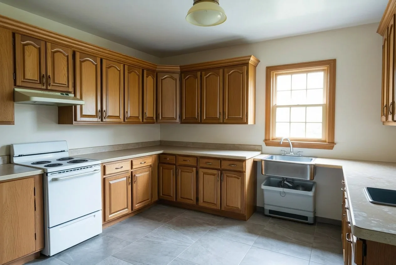 Kitchen with new porcelain tile floor and warm white walls after AI Room Renovation