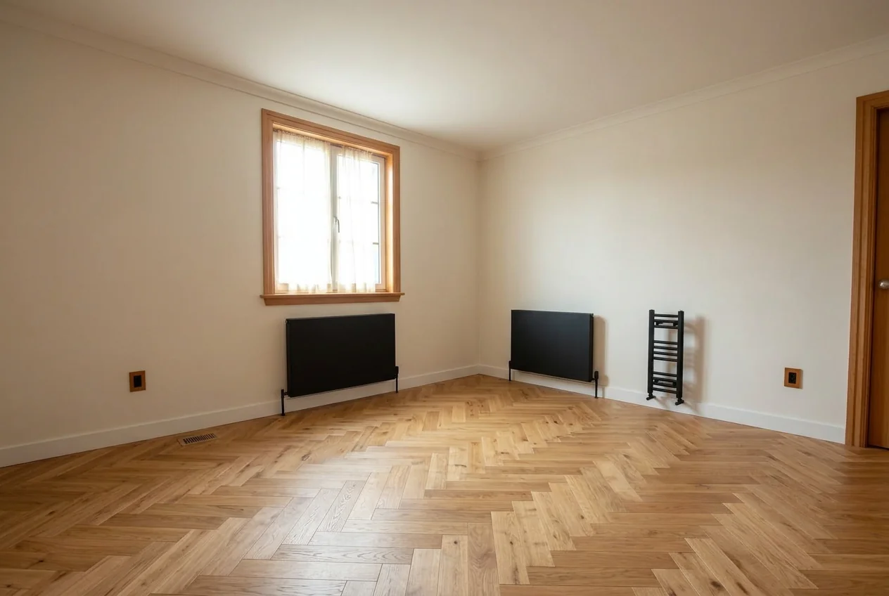 Renovated living room with oak herringbone floor and warm white walls after AI Room Renovation
