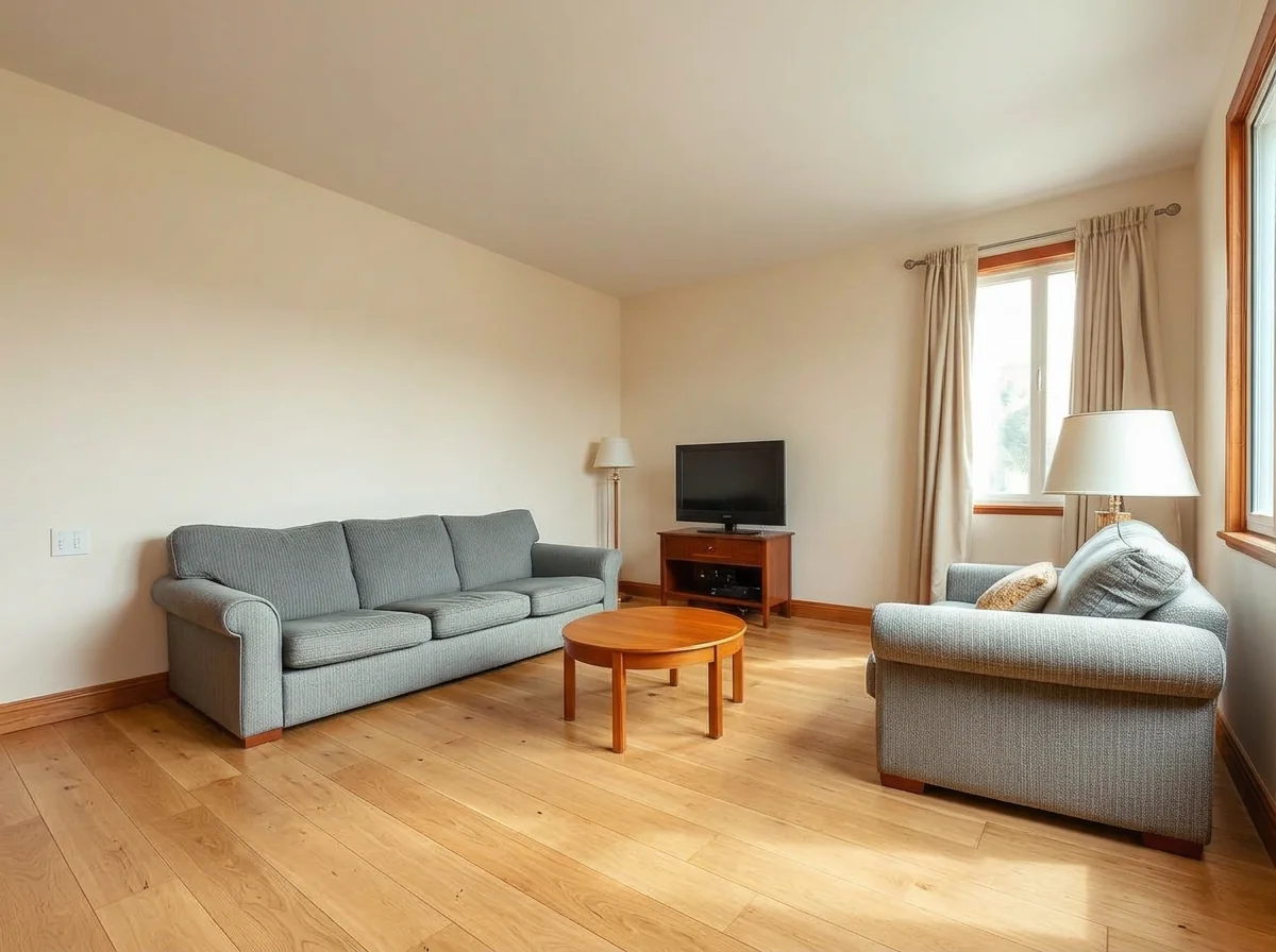 Living room with warm white plaster walls and oak plank floor after AI Room Renovation