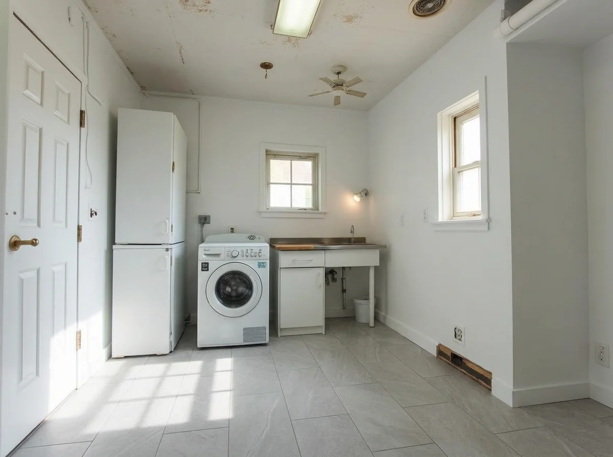 Utility room with bright white walls and grey porcelain tile floor after AI Room Renovation