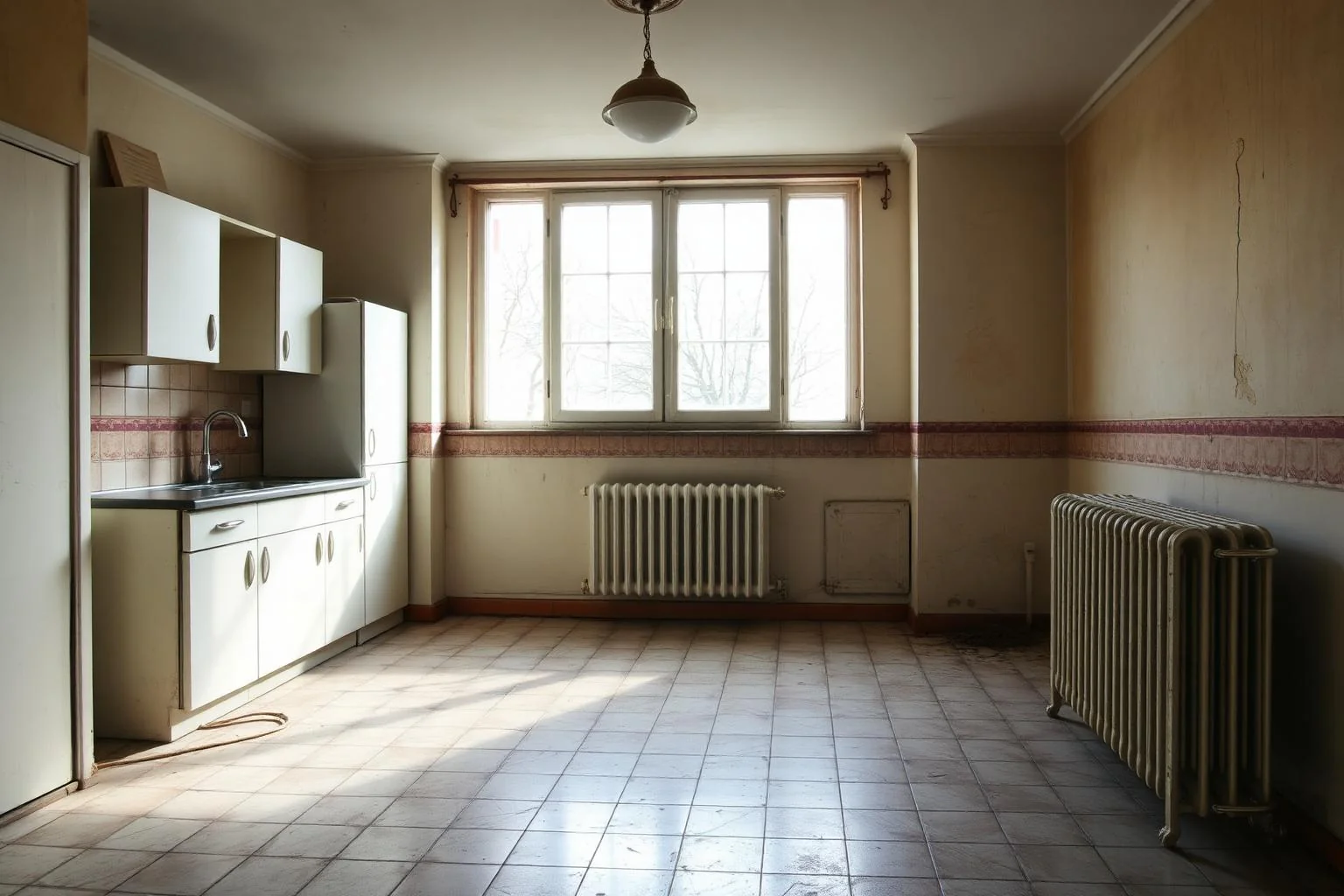 Apartment room with old linoleum floor and tired paint before AI Room Renovation
